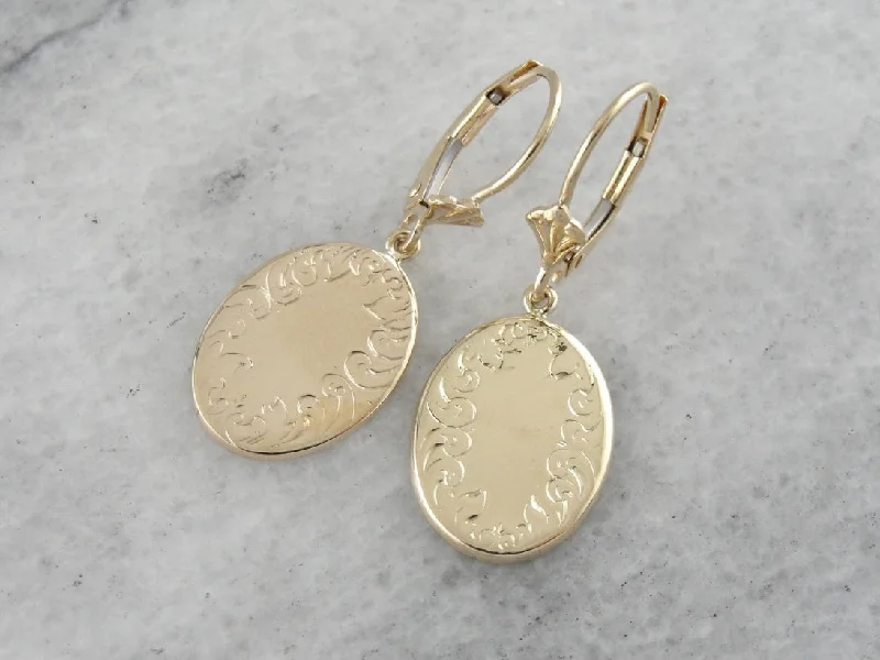 Ladies earrings minimalist gold studs-Yellow Gold Drop Earrings with Simple, Engraved Border