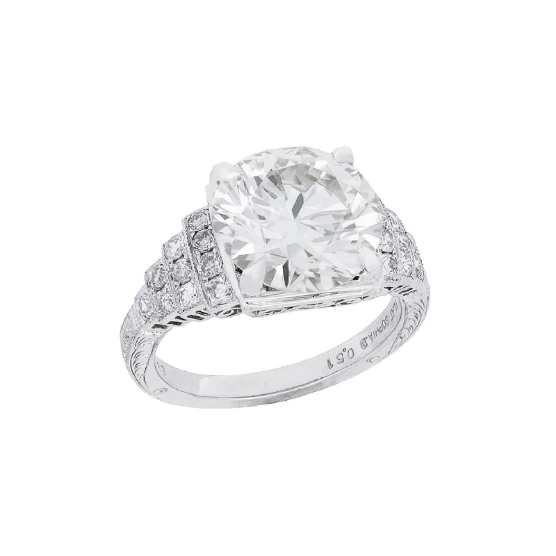 Ladies engagement rings lab-grown halo styles-Art Deco Platinum Diamond Engagement Ring 5.09ct center