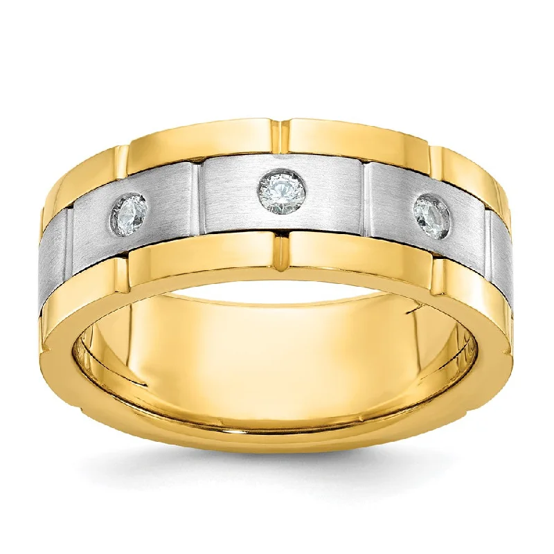 Ladies rings hypoallergenic materials-Mens 8.4mm 14K Two Tone Gold 3-Stone 1/6 Ctw Diamond Standard Fit Band