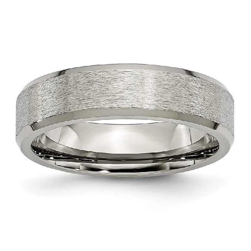 Ladies rings comfort fit styles-6mm Titanium Grain Brushed Beveled Edge Standard Fit Band