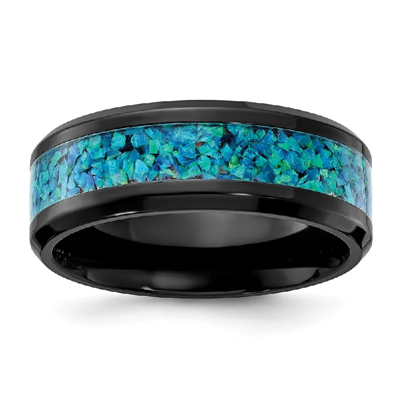 Ladies rings moon phase designs-8mm Black Zirconium Blue Imitation Opal Inlay Standard Fit Band