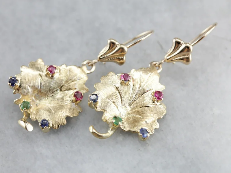 Ladies earrings pointed tip styles-Sapphire and Ruby Leaf Gold Drop Earrings