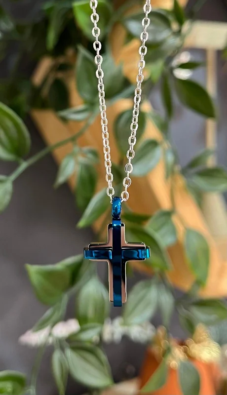 Ladies necklaces single stone designs-Unique & Co Stainless Steel Cross Blue IP Pendant Necklace