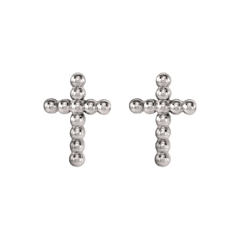 Ladies earrings heart cut styles-9mm Beaded Cross Post Earrings in 14k White Gold