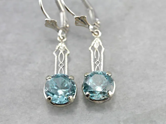 Ladies earrings luxury brand picks-Art Deco Blue Zircon Filigree White Gold Drop Earrings