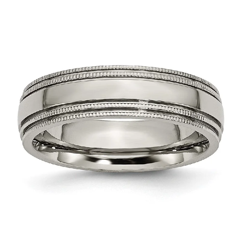 Ladies rings steampunk vibe designs-6mm Titanium Polished Double Milgrain Standard Fit Band