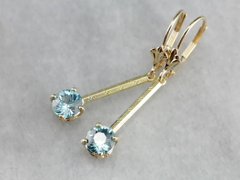 Ladies earrings leaf shape earrings-Blue Zircon Gold Bar Drop Earrings