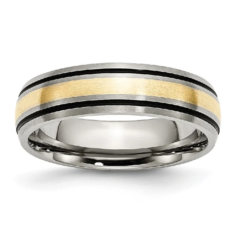 Ladies rings birth month styles-6mm Titanium & 14K Gold Inlay Antiqued/Brushed Grooved Band