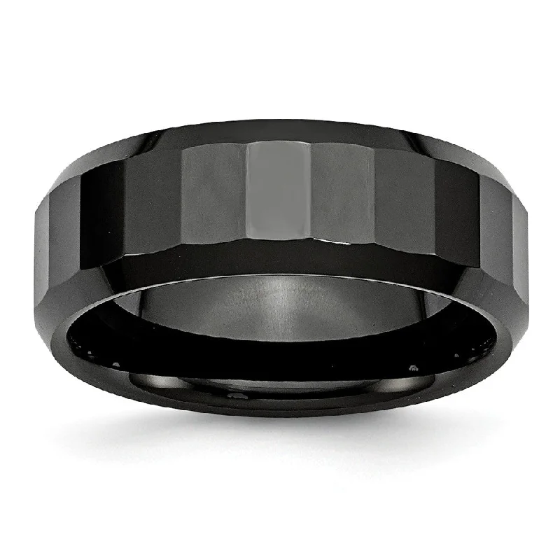 Ladies rings seasonal collection rings-Black Ceramic, 8mm Faceted Unisex Comfort Fit Band