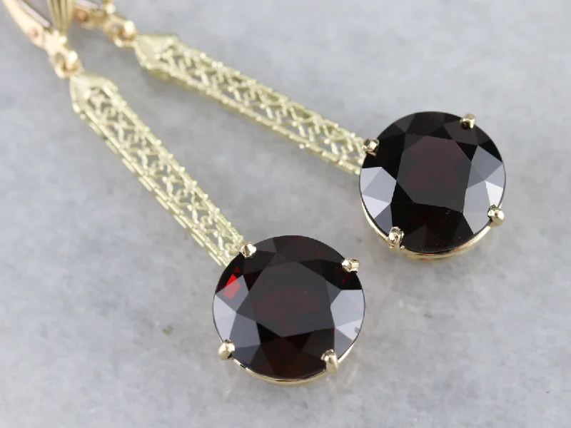 Ladies earrings autumn tone styles-Bold Garnet Filigree Drop Earrings