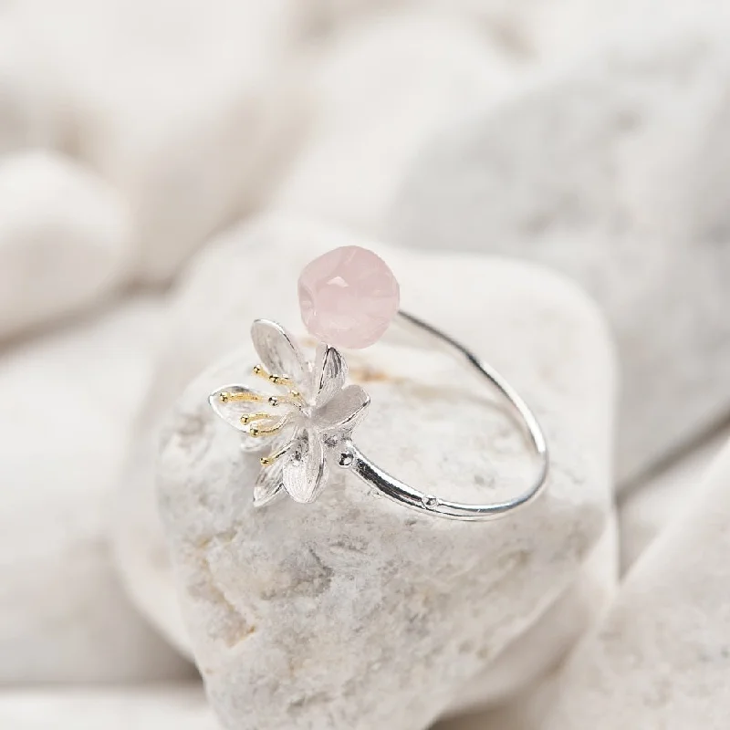 Ladies rings glitter accent styles-Rose Quartz Lotus Handmade Crystal Ring