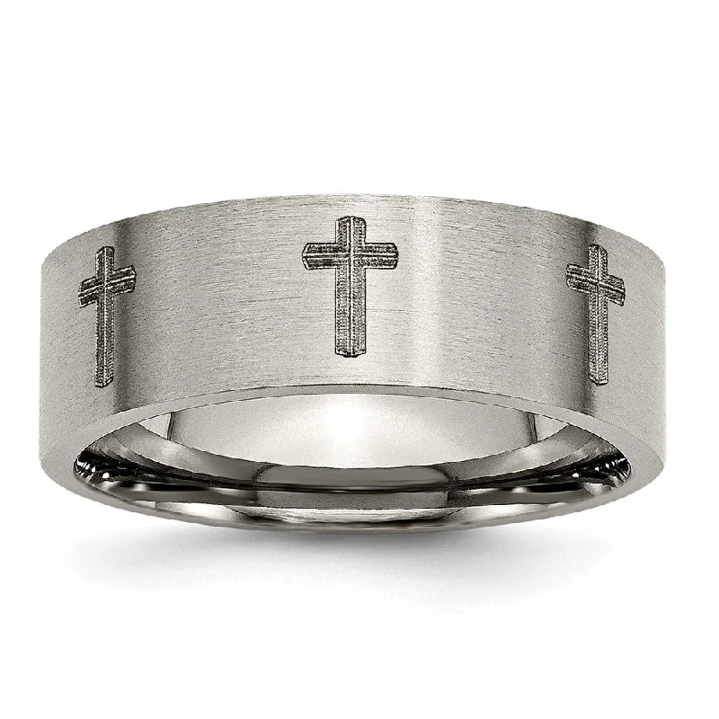 Ladies rings retro charm designs-8mm Titanium Brushed & Lasered Cross Flat Standard Fit Band