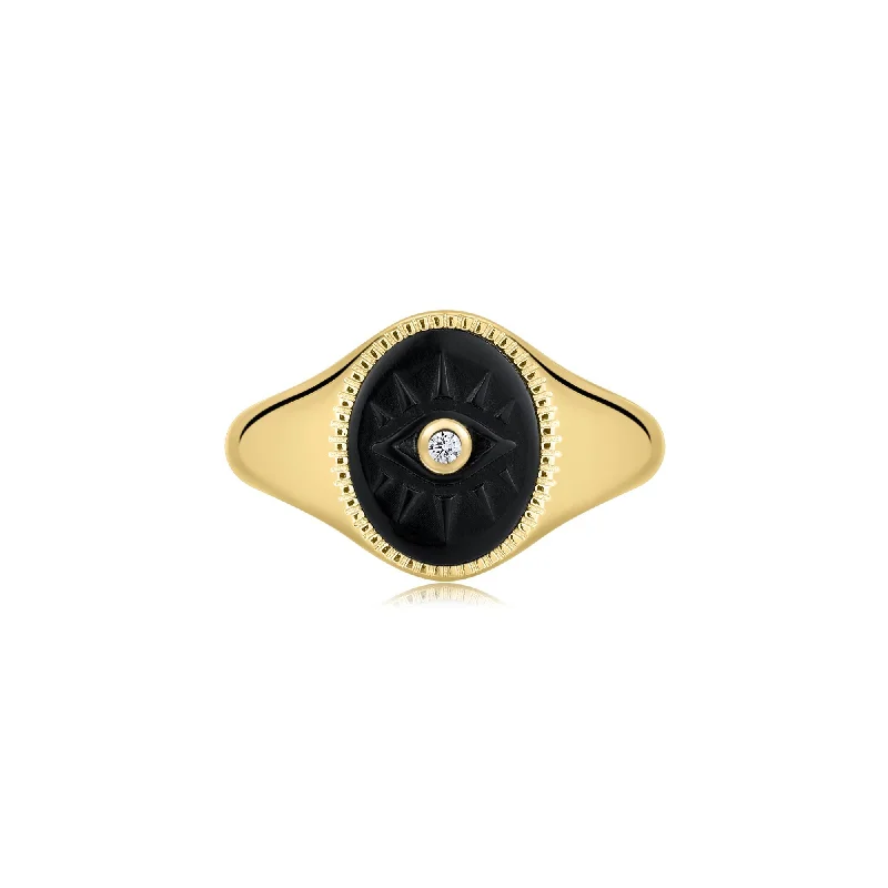 Ladies rings exclusive craft styles-Gold Vermeil Black Turquoise Evil Eye Signet Ring