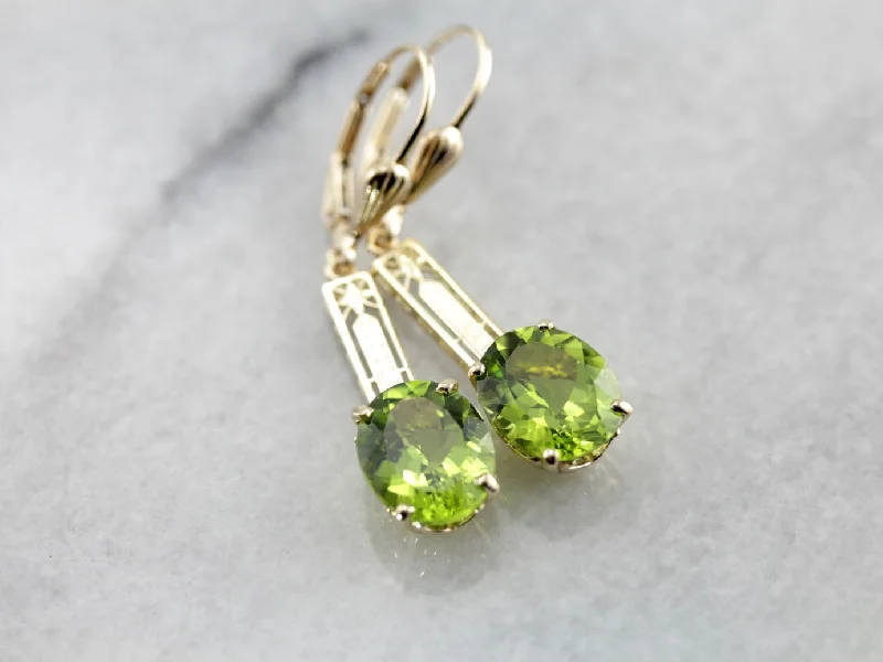 Ladies earrings quiet luxury earrings-Peridot Drop Earrings with One of a Kind Floral Bar Details