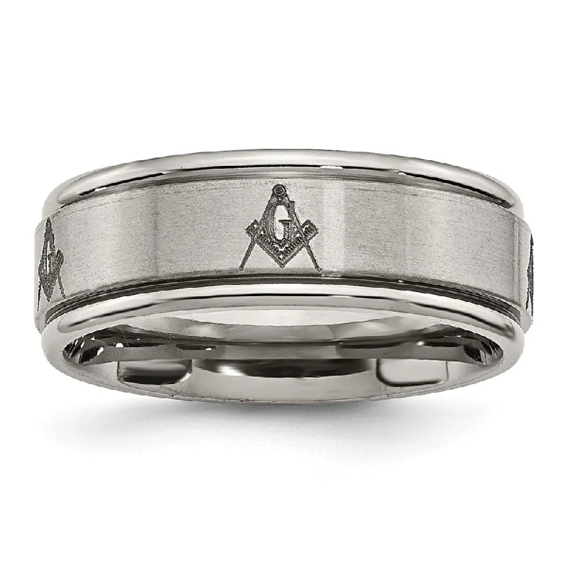 Ladies rings wedding accessory pieces-8mm Titanium Laser Etched Masonic Grooved Edge Standard Fit Band