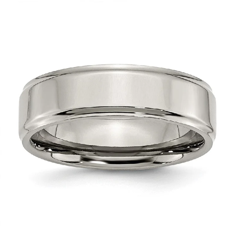 Ladies rings balanced proportion styles-7mm Titanium Polished Flat & Ridged Edge Standard Fit Band