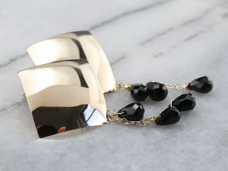 Ladies earrings step cut designs-Yellow Gold and Black Onyx Beaded Earrings