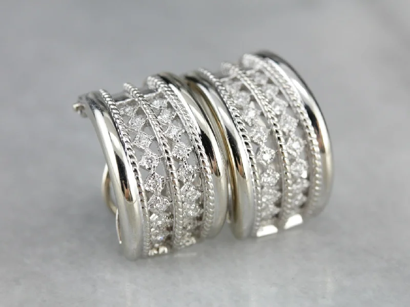 Ladies earrings top jewelry brands-Diamond Half Hoop Earrings in White Gold