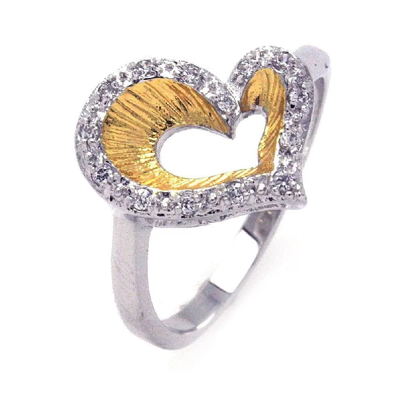 Ladies rings eco-friendly materials-Silver 925 Rhodium and Gold Plated 2 Toned Clear CZ Open Heart Ring - BGR00234