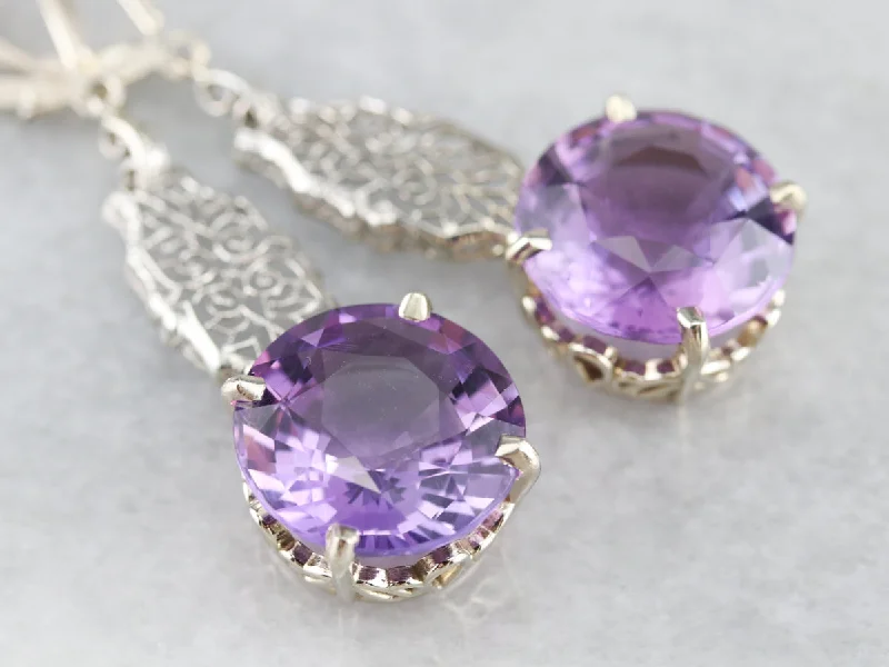 Ladies earrings Independence Day designs-Amethyst Filigree Drop Earrings in Lacey White Gold