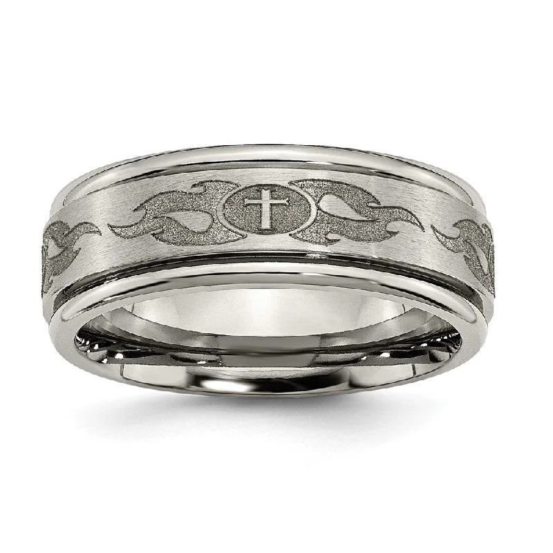 Ladies rings comfort fit styles-8mm Titanium Lasered Cross & Flame Grooved Edge Standard Fit Band