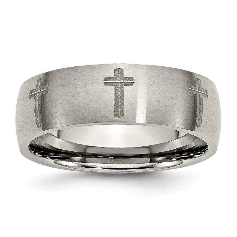 Ladies rings thumb statement pieces-8mm Titanium Etched & Brushed Cross Domed Standard Fit Band