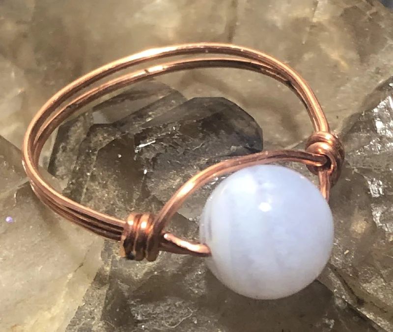 Ladies rings Christmas gift designs-Blue Lace Agate Copper Bead Ring