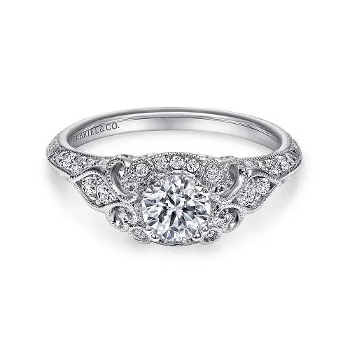 Ladies engagement rings cushion solitaire-Abel - Unique 14K White Gold Vintage Inspired Diamond Halo Engagement Ring (Setting Only)