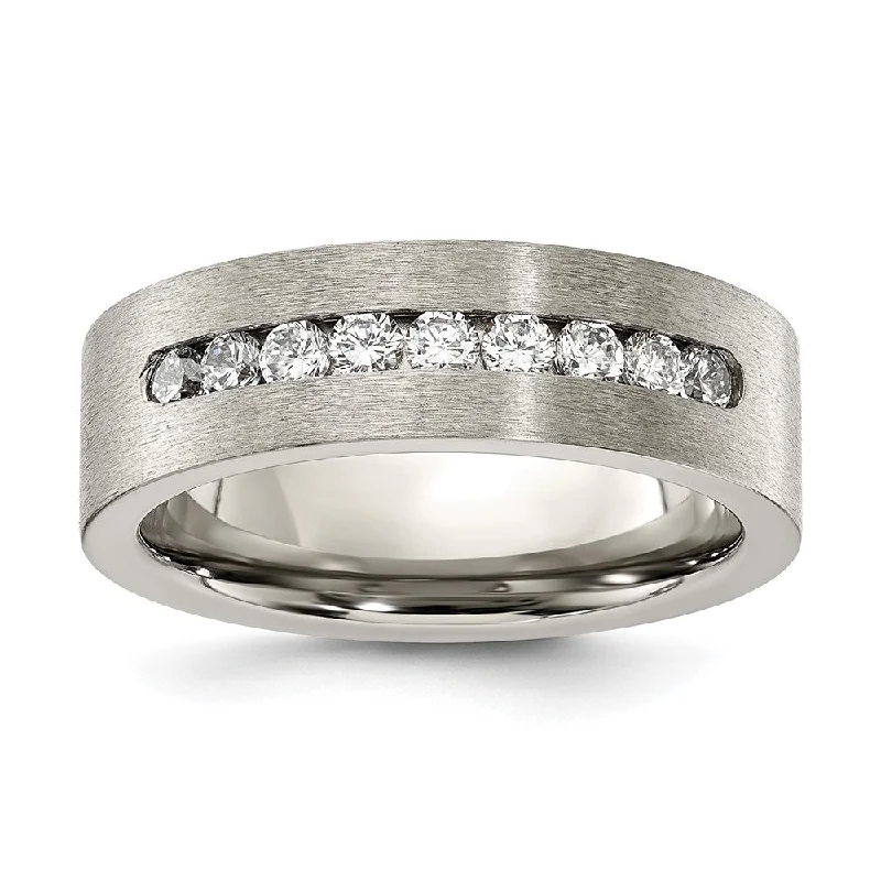 Ladies rings petite charm designs-7mm Titanium & CZ Brushed Flat Standard Fit Band