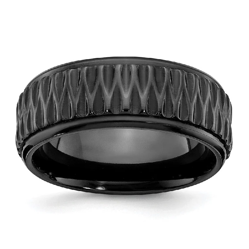 Ladies rings mixed metal finishes-8mm Black Zirconium Grooved & Ridged Edge Standard Fit Band