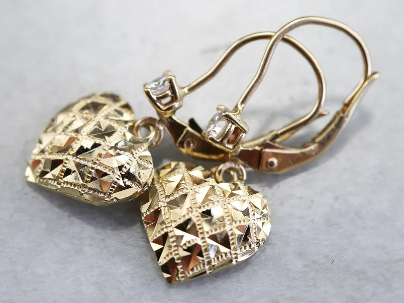 Ladies earrings raw diamond styles-Gold Diamond Heart Drop Earrings