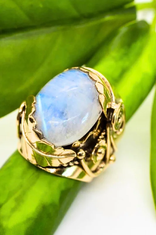 Ladies rings delicate thin bands-Large Moonstone Ring w/ Leaf Setting