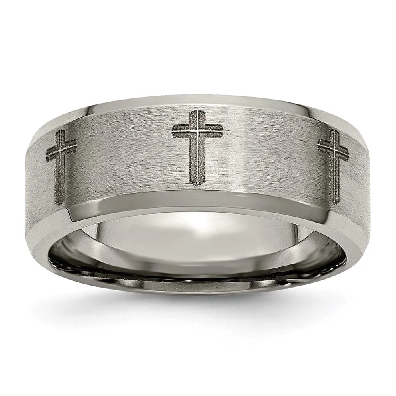 Ladies rings shiny gold rings-8mm Titanium Laser Etched Cross Beveled Edge Standard Fit Band