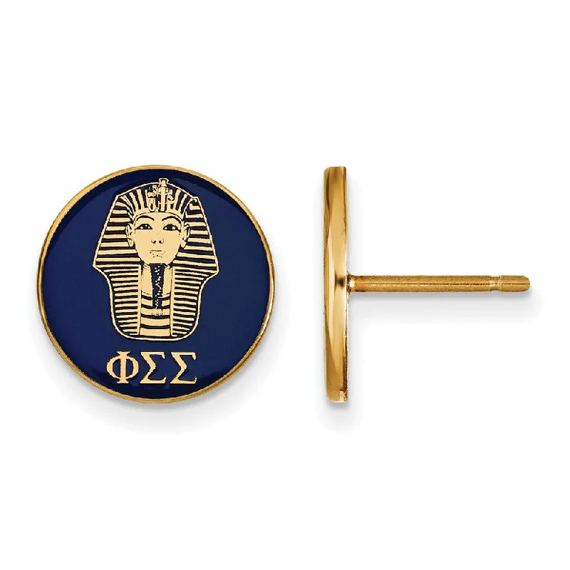 Ladies earrings rose gold finishes-14K Plated Silver Phi Sigma Sigma Blue Enamel Sphinx Post Earrings