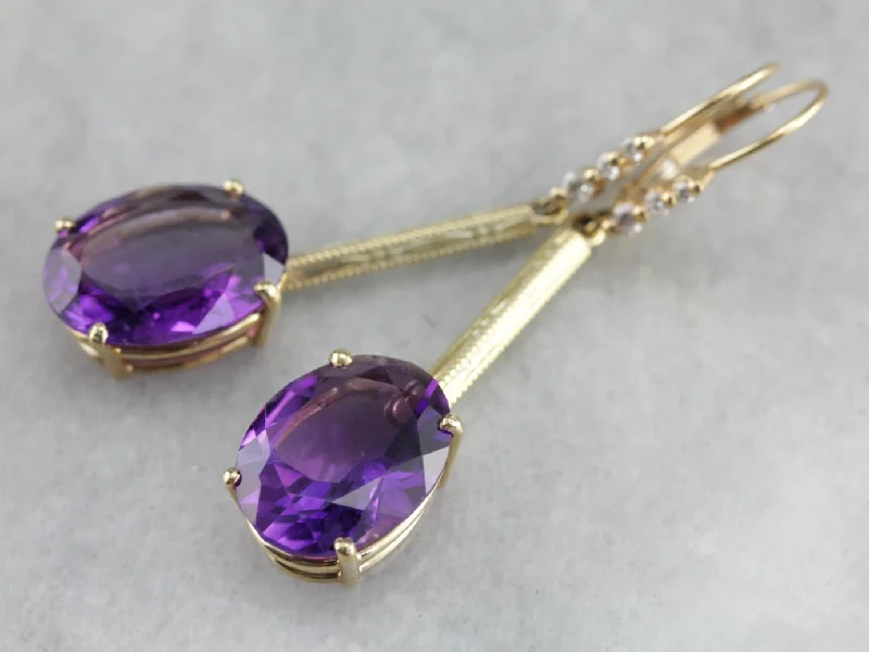 Ladies earrings clip-on earring styles-Large Amethyst and Daimond Drop Earrings