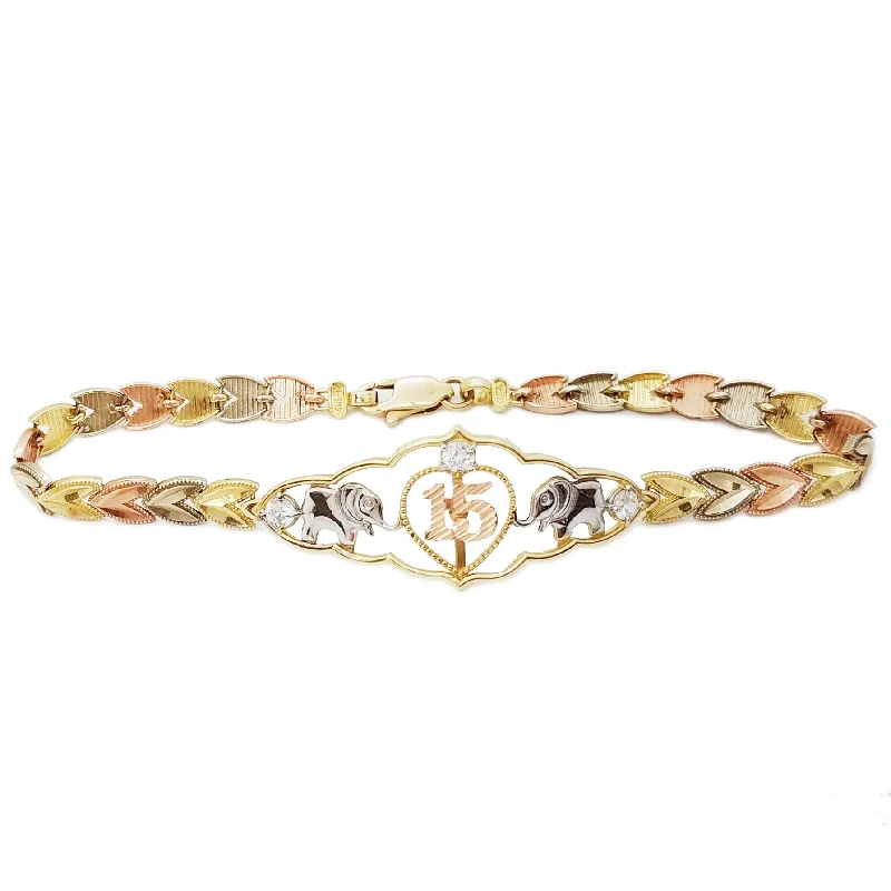 Ladies bracelets trillion cut styles-Ladies bracelets trillion cut styles-Cubic Zirconia (CZ) 15 Birthday / Quiceañera Tri-Color Gold Bracelet (14K)