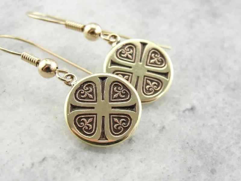 Ladies earrings contemporary bold styles-Vintage Fleur De Lis Drop Earrings in Yellow Gold