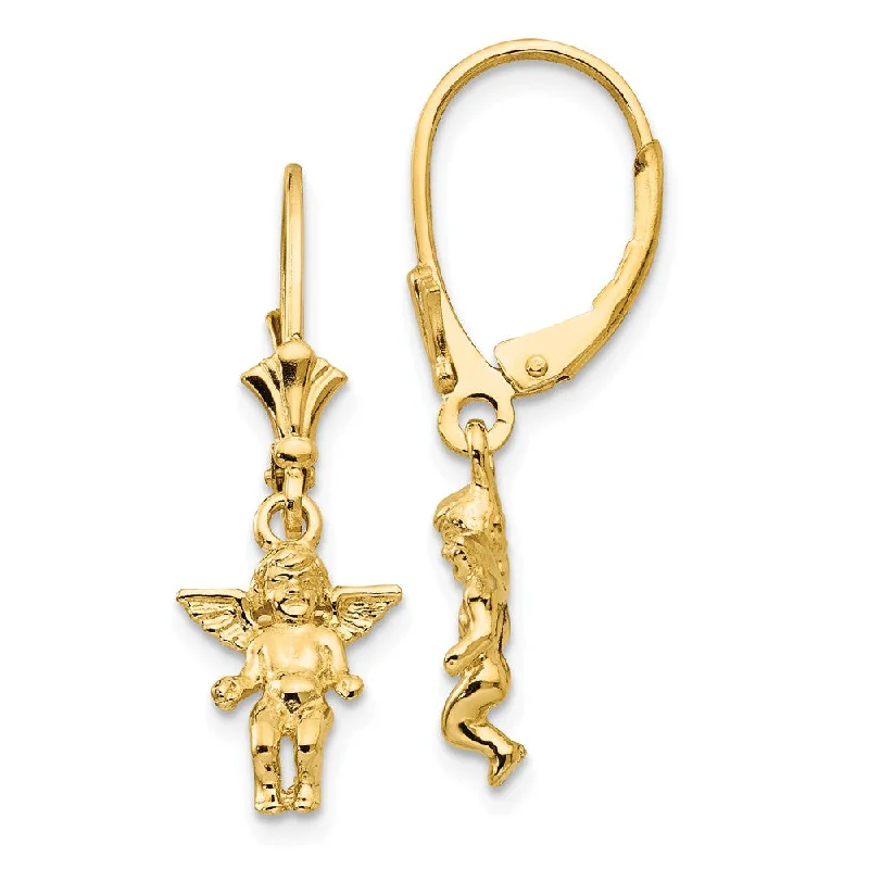 Ladies earrings luxury brand picks-3D Mini Guardian Angel Lever Back Earrings in 14k Yellow Gold