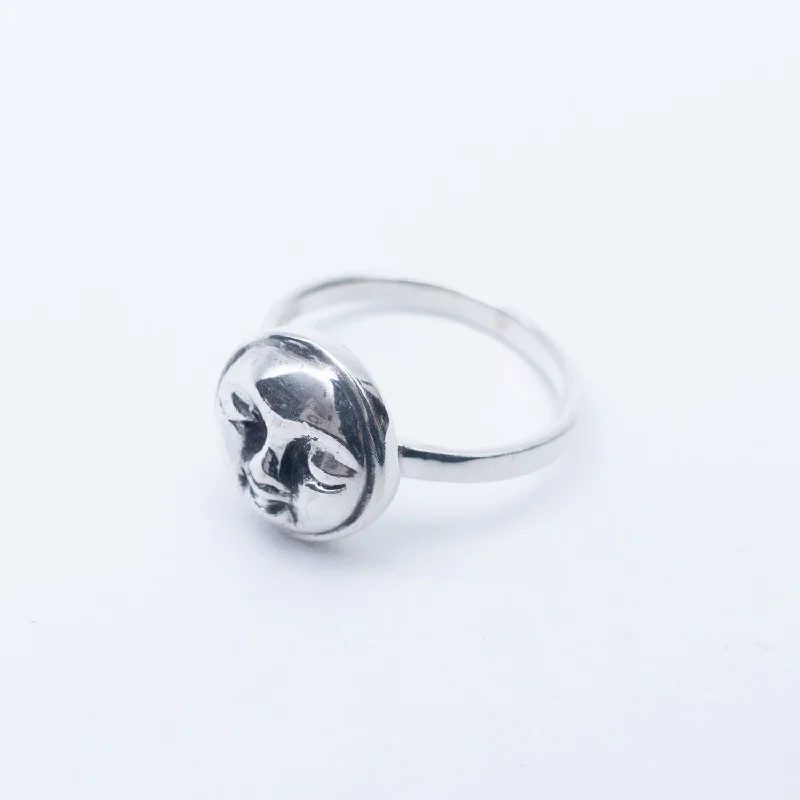 Ladies rings cultural celebration styles-Silver Happy Moon Face Ring