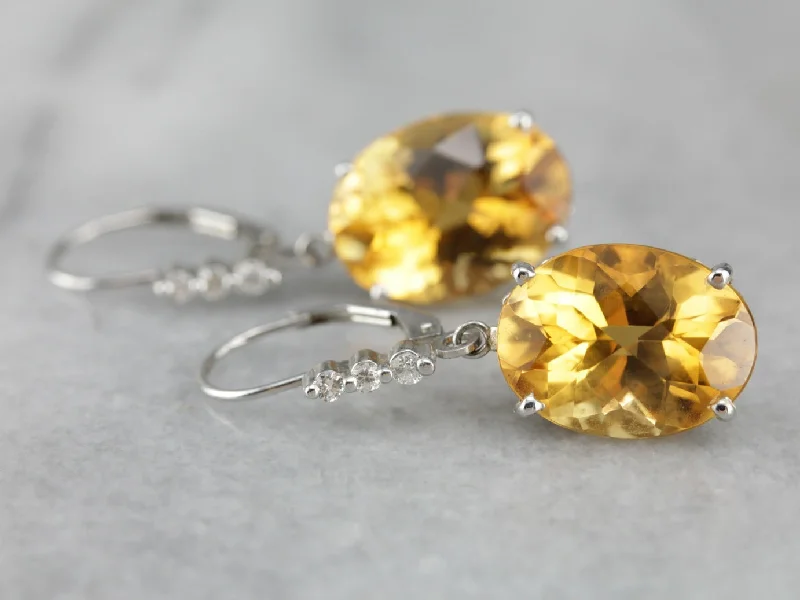 Ladies earrings youthful charm designs-Large Citrine and Diamond White Gold Drop Earrings