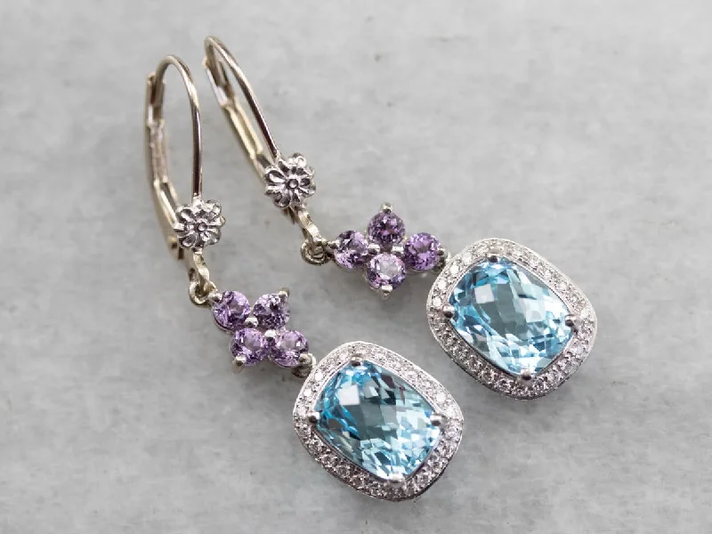 Ladies earrings tension set designs-Blue Topaz Amethyst and Diamond Drop Earrings