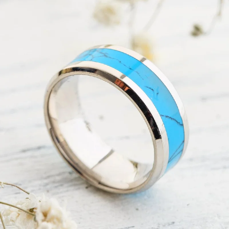 Ladies rings distressed look styles-Blue Turquoise Tungsten Ring