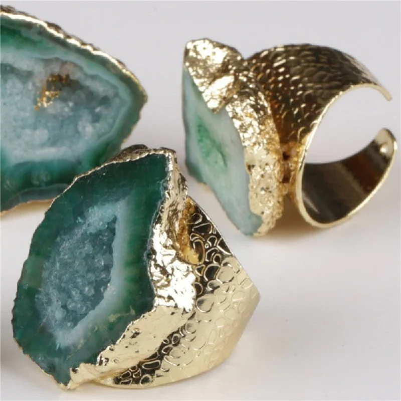 Ladies rings two-tone ring designs-Green Agate Crystal Geode Ring