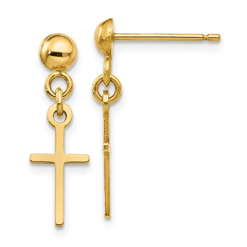 Ladies earrings birthstone accent styles-Small Polished Latin Cross Dangle Post Earrings in 14k Yellow Gold