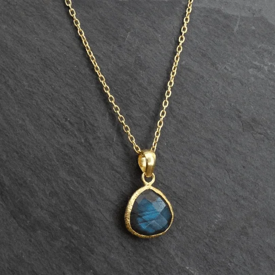 Ladies necklaces heritage inspired necklaces-Gold Textured Labradorite Teardrop Pendant Necklace