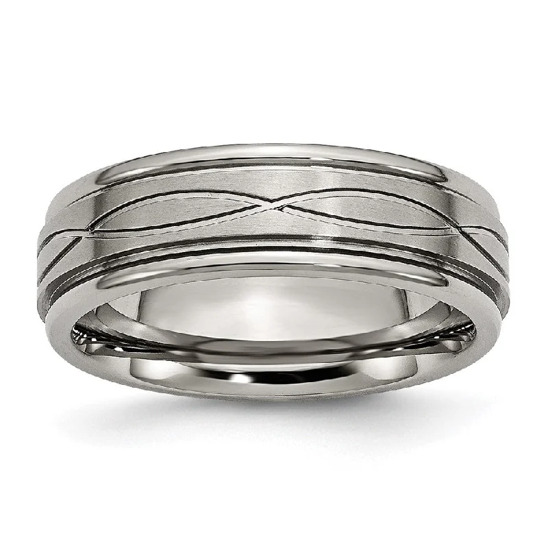 Ladies rings high shine designs-7mm Titanium Crisscross Design Grooved Edge Standard Fit Band