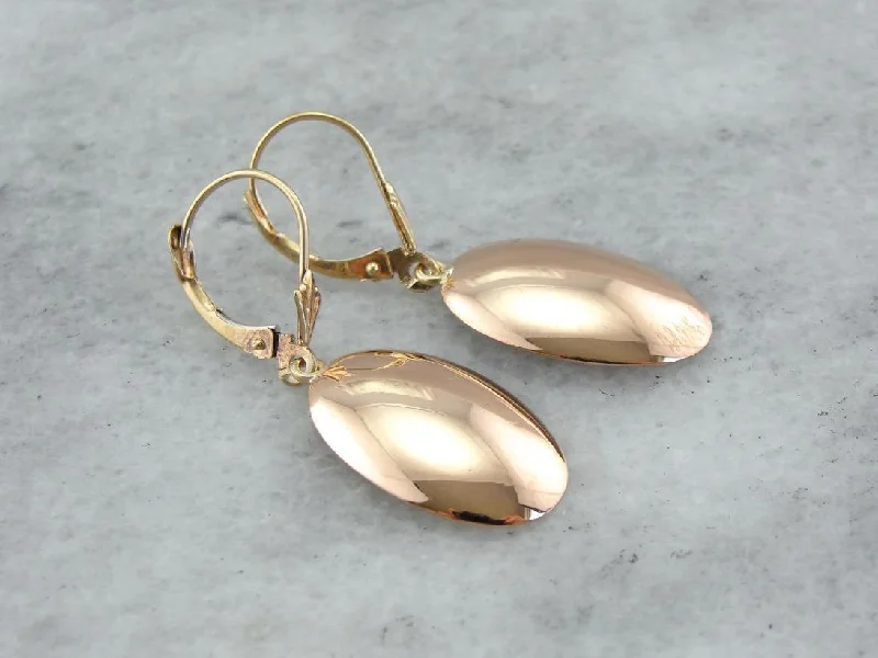 Ladies earrings sculptural shape earrings-Minimalist Polished Yellow Gold Drop Earrings, Warm Antique Gold Color