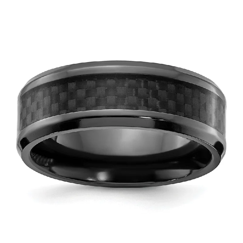 Ladies rings feather-inspired styles-8mm Black Zirconium & Black Carbon Fiber Beveled Standard Fit Band