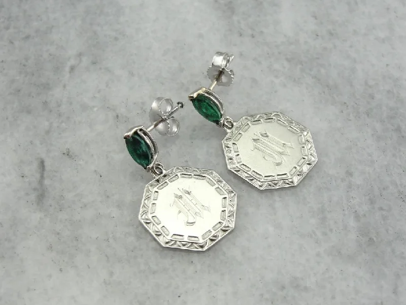 Ladies earrings custom engraving options-Elegant Emeralds and M Monogram Drop Earrings