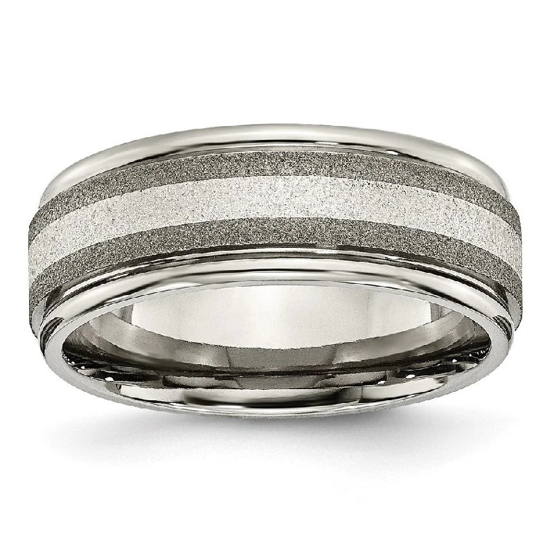 Ladies rings hammered craft looks-Mens 8mm Titanium Sterling Silver Inlay Stone Finish Grooved Edge Band